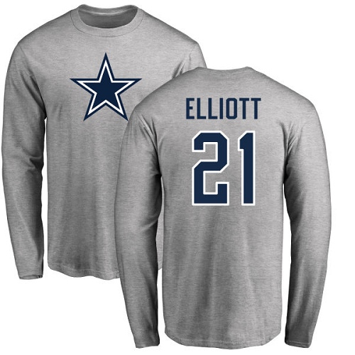 Men Dallas Cowboys Ash Ezekiel Elliott Name and Number Logo #21 Long Sleeve Nike NFL T Shirt